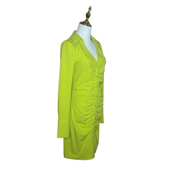 H&M Lime Green Long Sleeve Draped Shirt Dress Size S Button Front Ruched V-neck - Picture 4 of 15